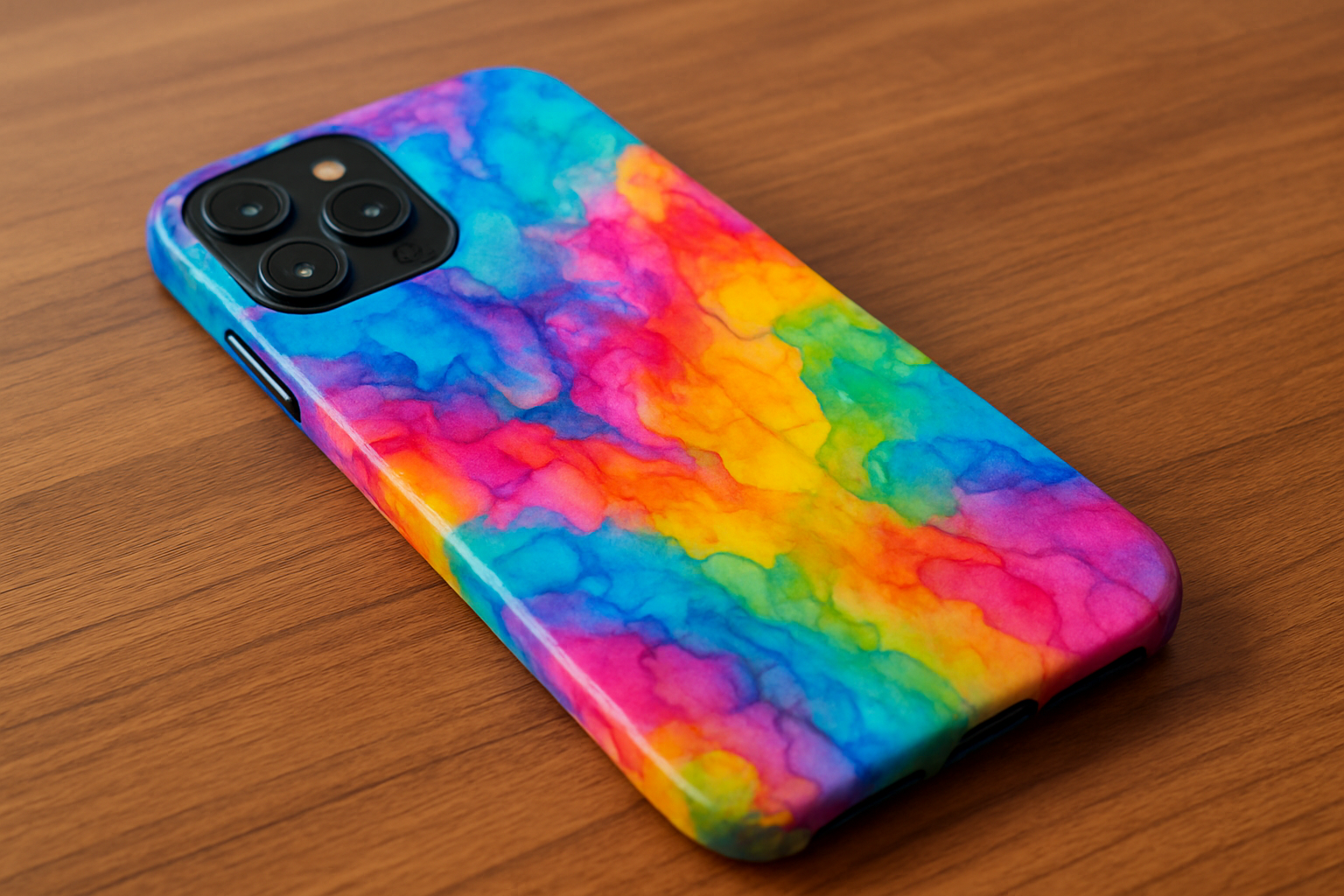 un telefono sobre una mesa mostrando la parte de atrás con un forro lleno de colores
